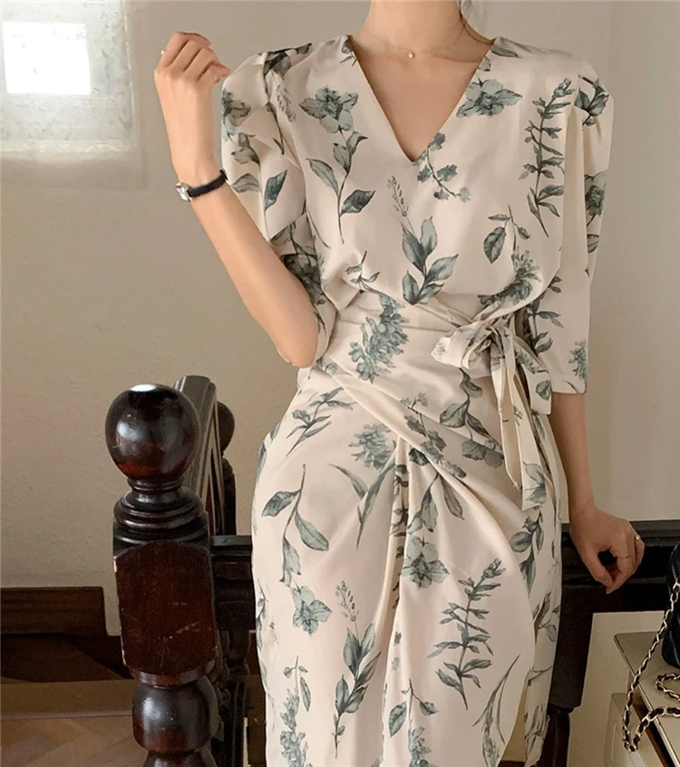 

Women Summer Elegant V-Neck Floral Print Dress Cross Lace Up Vestidos Chiffon Clothes Female