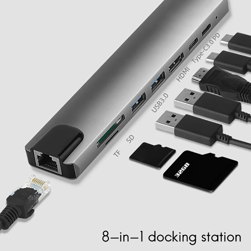 USB C концентратор 8 в 1 Тип адаптер с 4K HDMI 65 Вт PD зарядки USB3.0 SD/TF 100M Ethernet Порты и