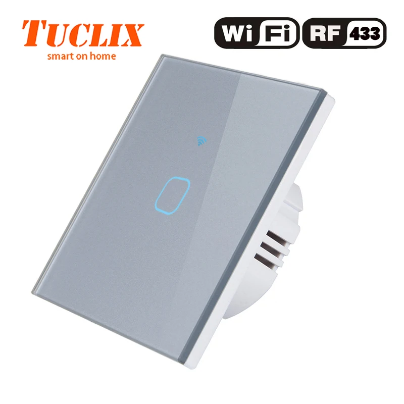 TUCLIX ЕС/Великобритания приложение Wi-Fi настенный выключатель света 1/2/3 местный 1 позиционный 110-240V с украшением в виде кристаллов Стекло Панель переключатель Водонепроницаемый сенсорный Управление - Цвет: EU-WiFi-RF-01 Gray