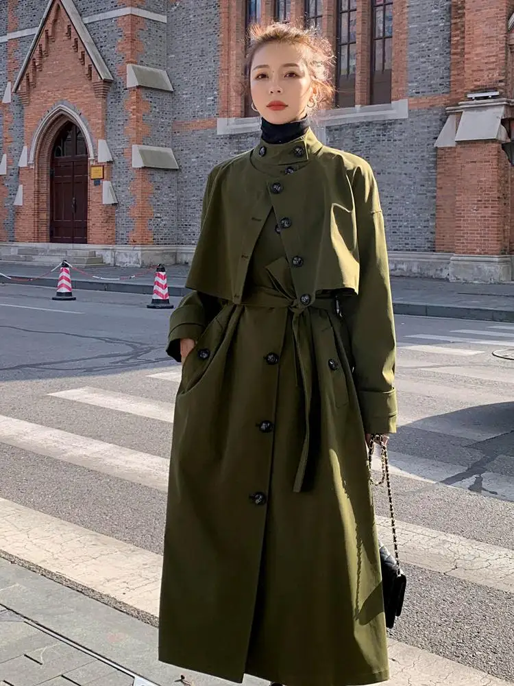 

Army Green Trench Coat Women Autumn Winter Coat Single Breasted Buton Flaps with Belt Lady Duster Coat Cloak