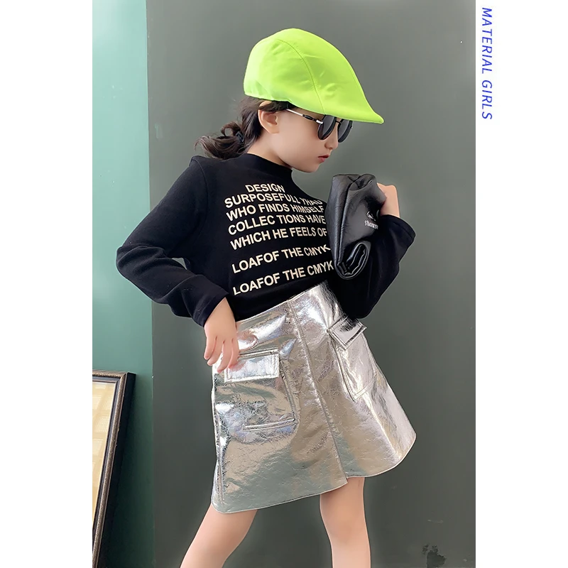 Girls skirt early autumn new bright face laser skirt was thin fashion foreign gas pocket A word skirt