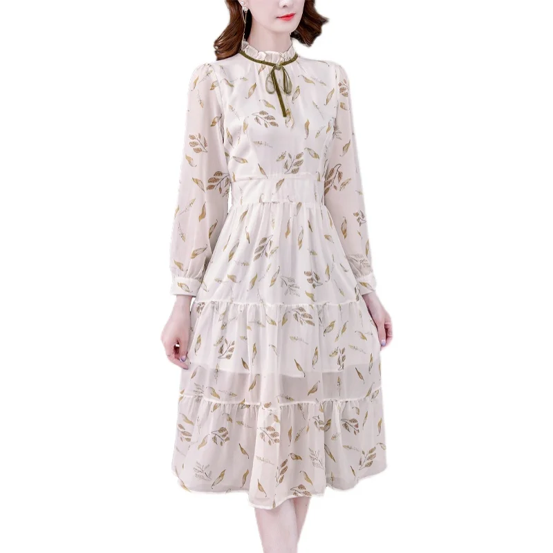 

LUKAXSIKAX 2021 New Spring Autumn Women Stand Collar Long Sleeve Dress High Quality Retro Leaves Print Chiffon Long Dress