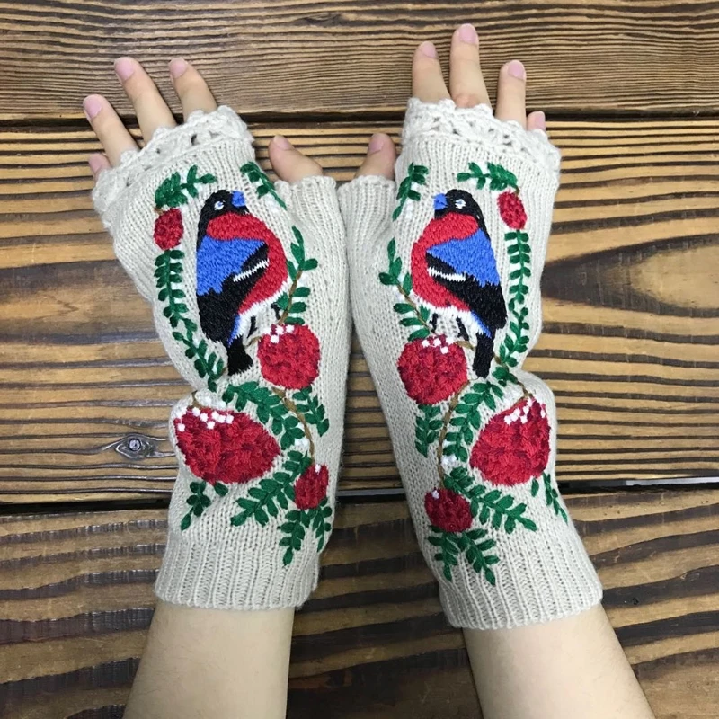 

Women Winter Knit Lengthen Wrist Fingerless Gloves Colorful Animal Embroidery Crochet Thumbhole Mittens Arm Warmers