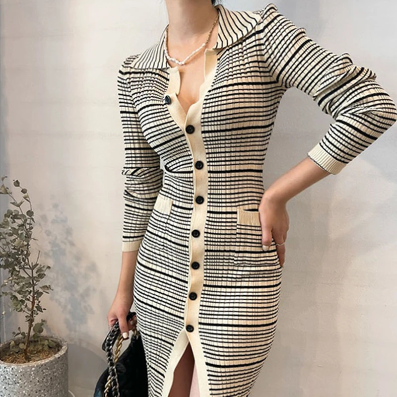 

Женская одежда, однобортное теплое клетчатое платье, новинка 2021, зимние платья, корейское плотное элегантное вязаное повседневное однотонн...