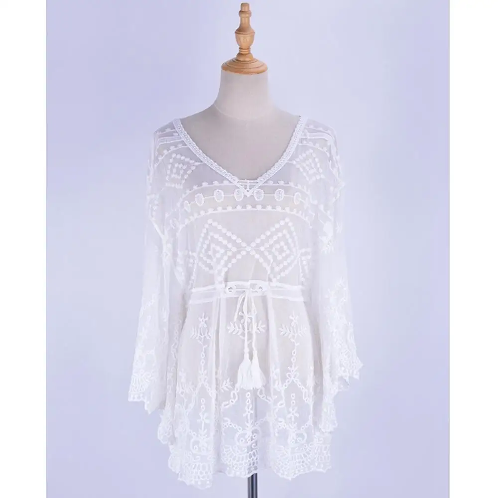 

CSIUM New Beach Cover Up New Women Sexy Summer Bikini Cover Up Solid Transparent Lace Long Wide Sleeve Tight Waist Beach Wear