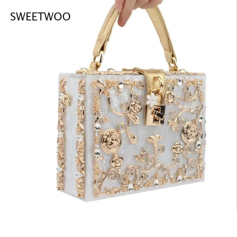 Женская акриловая сумка-бокс брендовая дизайнерская металлическая маленькая