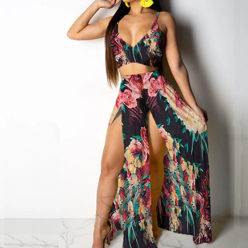 Цветочный принт сексуальный топ на бретельках и высокая талия с разрезом длинные