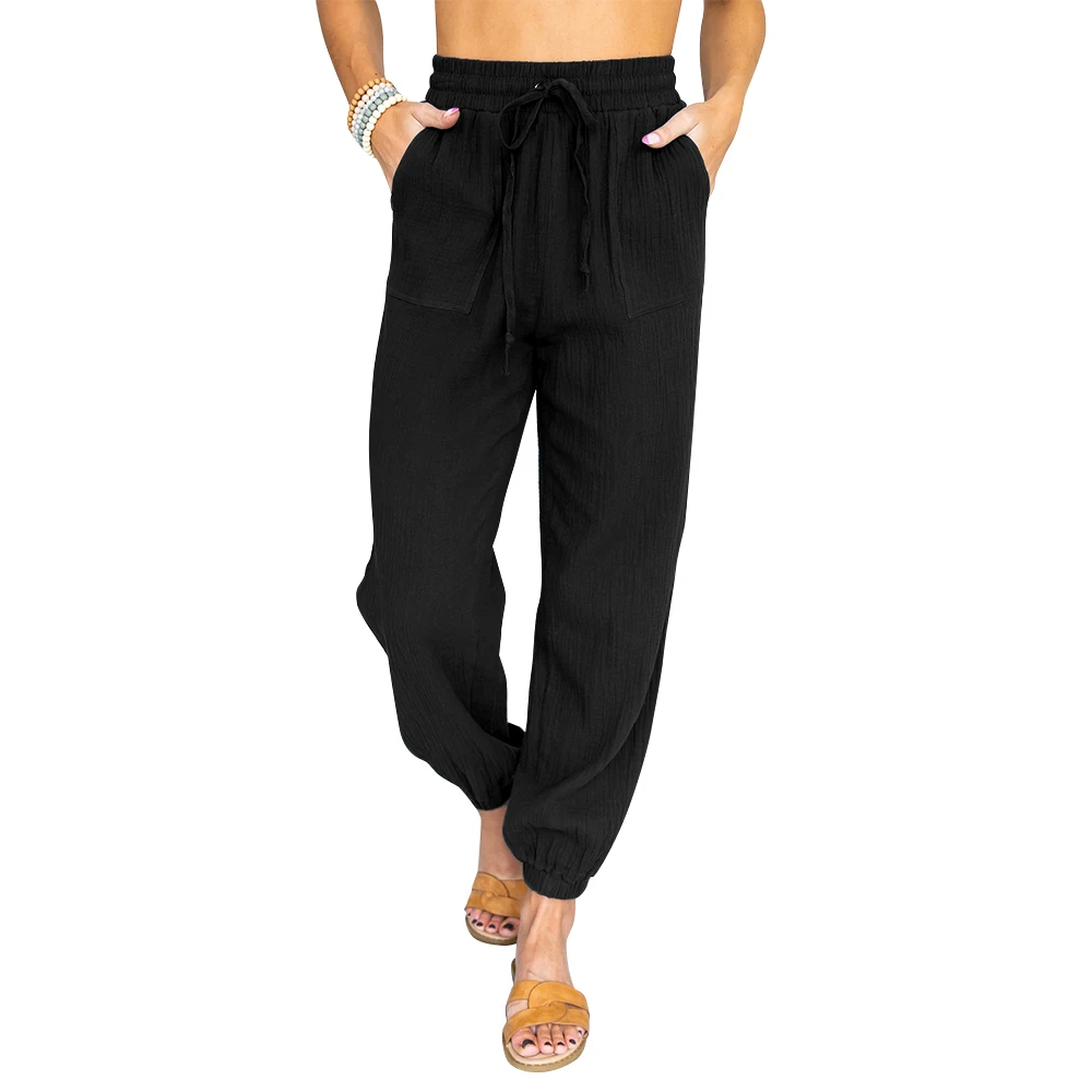 

Women Linen Drawstring Casual Long Pants Shirring Solid Color Summer Full Length Pants Female Elastic Waist Straight Trouser D30
