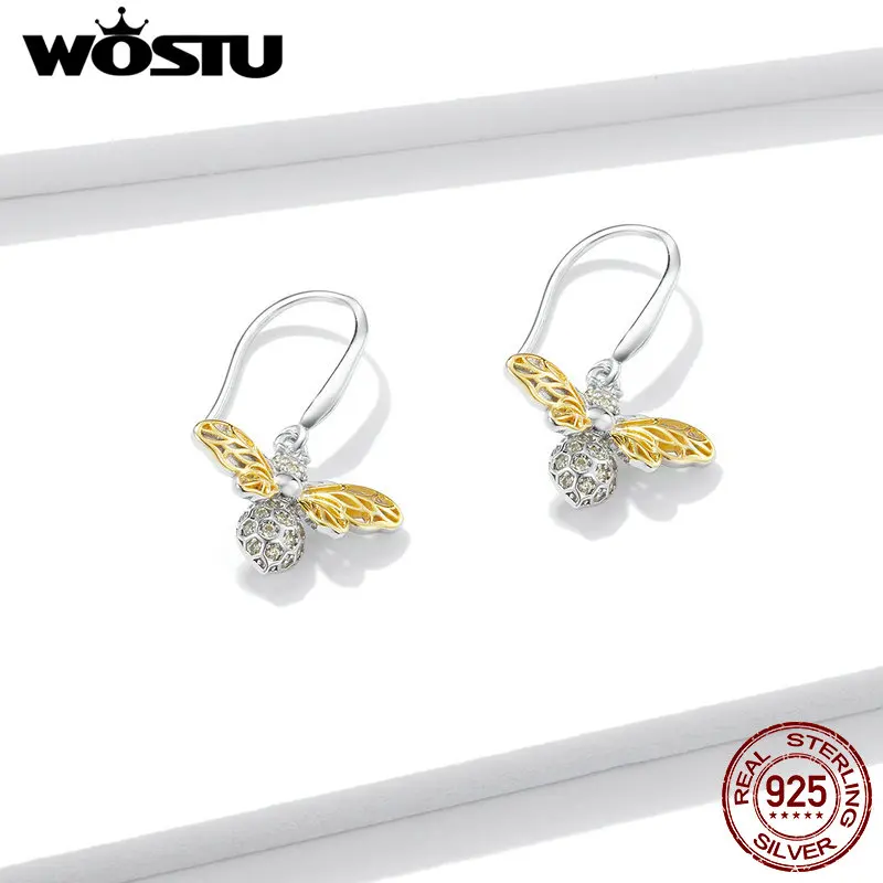 WOSTU Bee Drop Earrings 925 Sterling Silver Shiny Zircon Hollow Design Dangle For Women Orginal Jewelry CTE452 | Украшения и