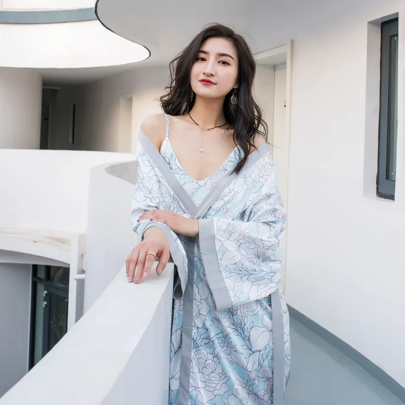 Летняя ночная рубашка халат 2 шт. домашняя одежда Шелковый ледяной слинг комплект