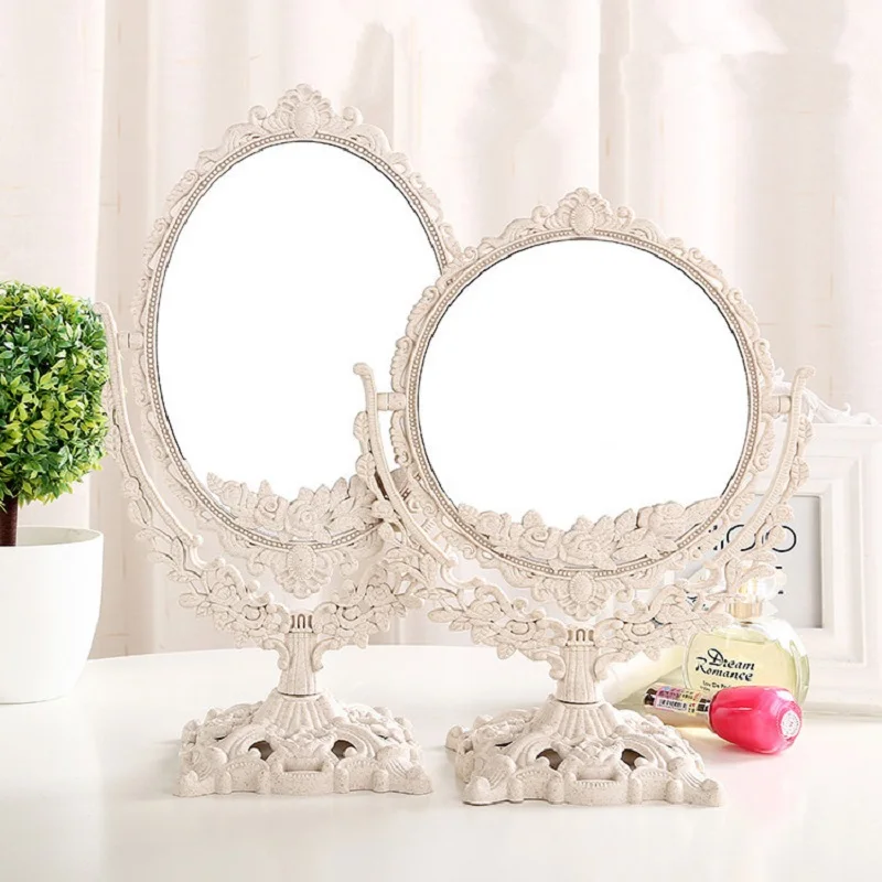 

Retro Desktop Home Bathroom Makeup Mirror Rotatable Double-Sided Beauty Vanity Mirror Oval Rose Sculpture Beauty Backlit Mirrors