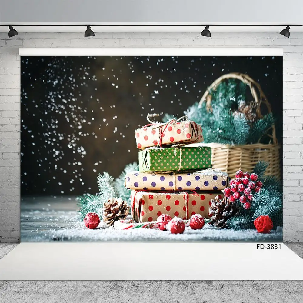 Christmas Holly Pine Cone Gifts Basket Snow Bokeh Photo Background Vinyl Photography Backdrop for Children Baby Shower Photocall |