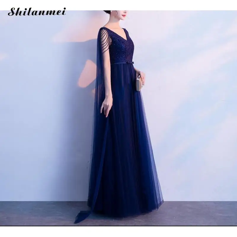 Vintage Cloak Sleeve Evening Party Dress Women Elegant Rolay Blue Sequin Loor-Length Sexy Deep V Long Plus Size Dresses | Женская одежда