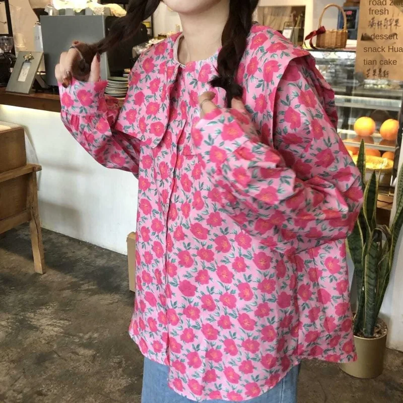 

Autumn Blouses Casual Shirts For Women Versatile Loose Navy Collar Flower Print Countryside Vintage Korean Style Long Sleeve Top