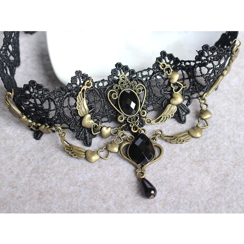 Женское колье в стиле стимпанк JOUVAL Винтажное колье-чокер с черными кружевными