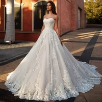 strapless lace wedding dress tulle fabric sexy applique formal dress elegant with court train robe de mariee
