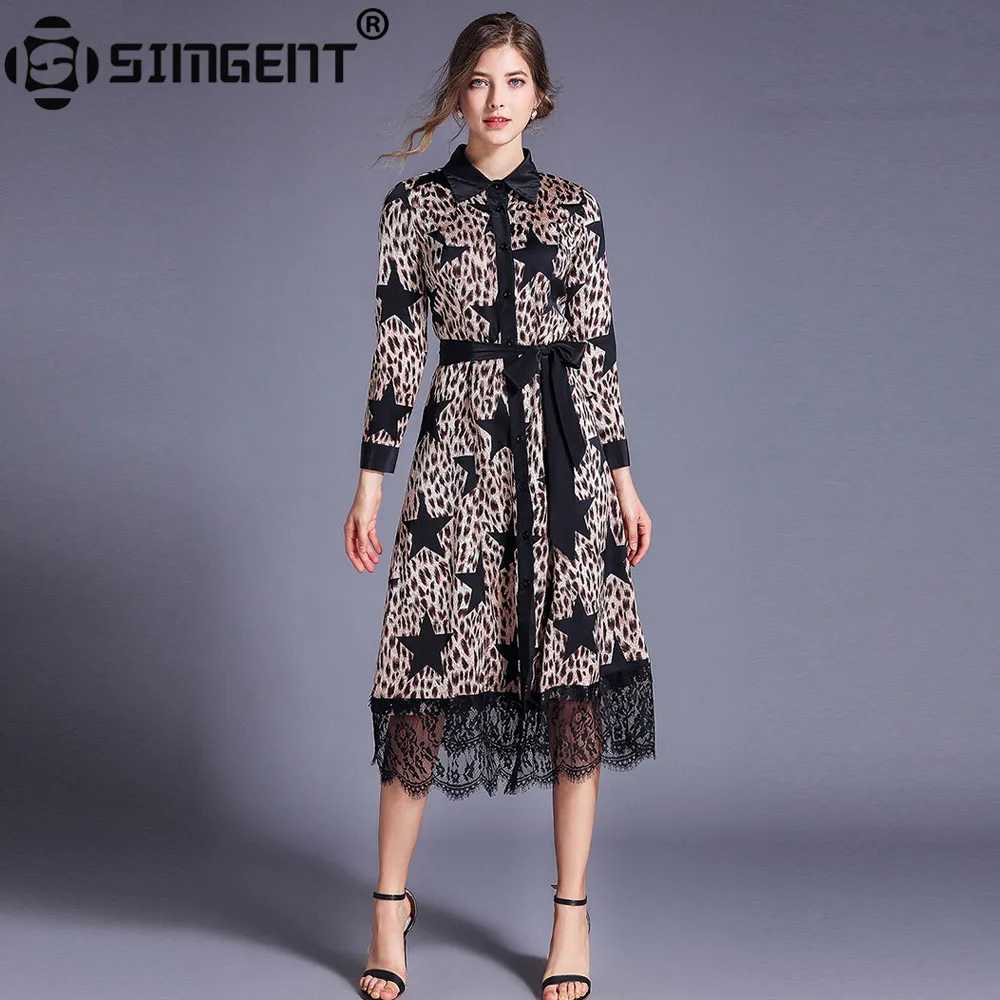 Женское леопардовое платье Simgent с длинным рукавом принтом звезд кружевная