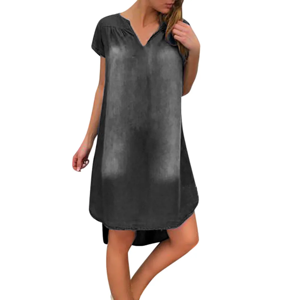 

Lugentolo Summer Dress Women Irregular Hem Solid Empire V-Neck Casual Plus Size Knee-Length Womens Midi Dresses