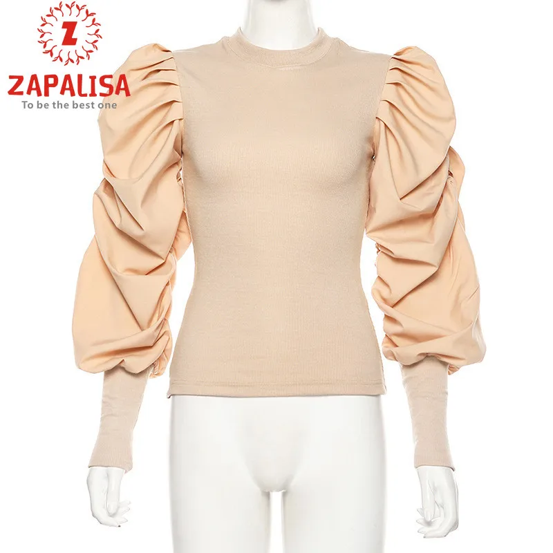 Elegant Slim Vintage Puff Sleeve T-shirt O Neck Solid Color Patchwork Streetwear Women Long Tops Fashion Knitted Tshirt Женская одежда