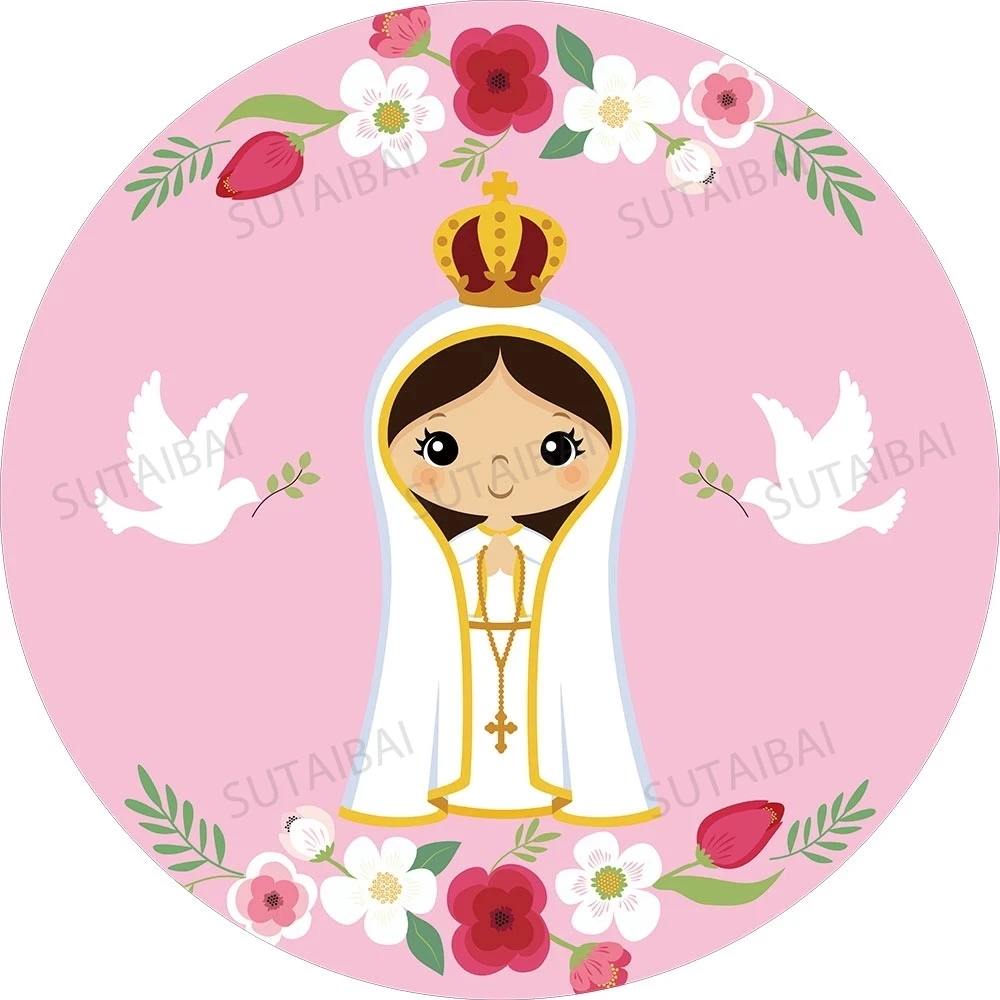 

Girl My First Communion Round Backdrop Cover Brown Wood Cross Flowers Photo Background Circle Banner Photography Photo Studio