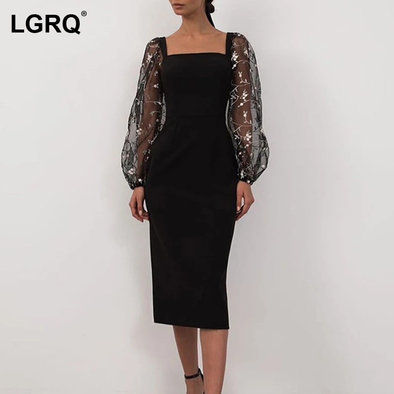 

Женское платье с длинным рукавом [LGRQ], черное Свободное платье с длинным рукавом и квадратным вырезом, с марлевым принтом, в винтажном стиле, ...