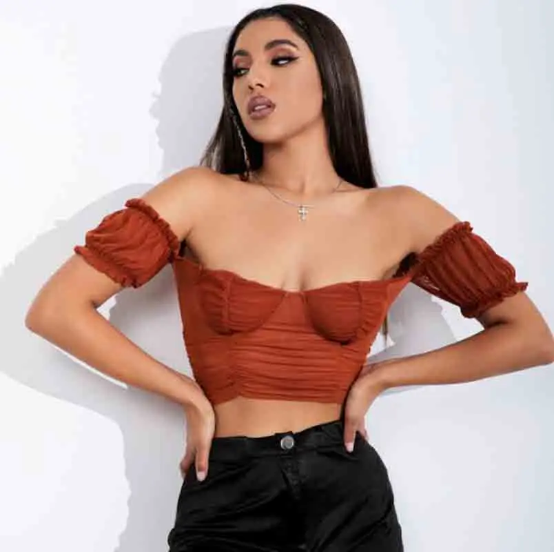 

Women Sexy Slash Neck Strapless Off The Shoulder Perspective Mesh Hollow Waist Short T-Shirts Tops Female Nightclub Party Tees