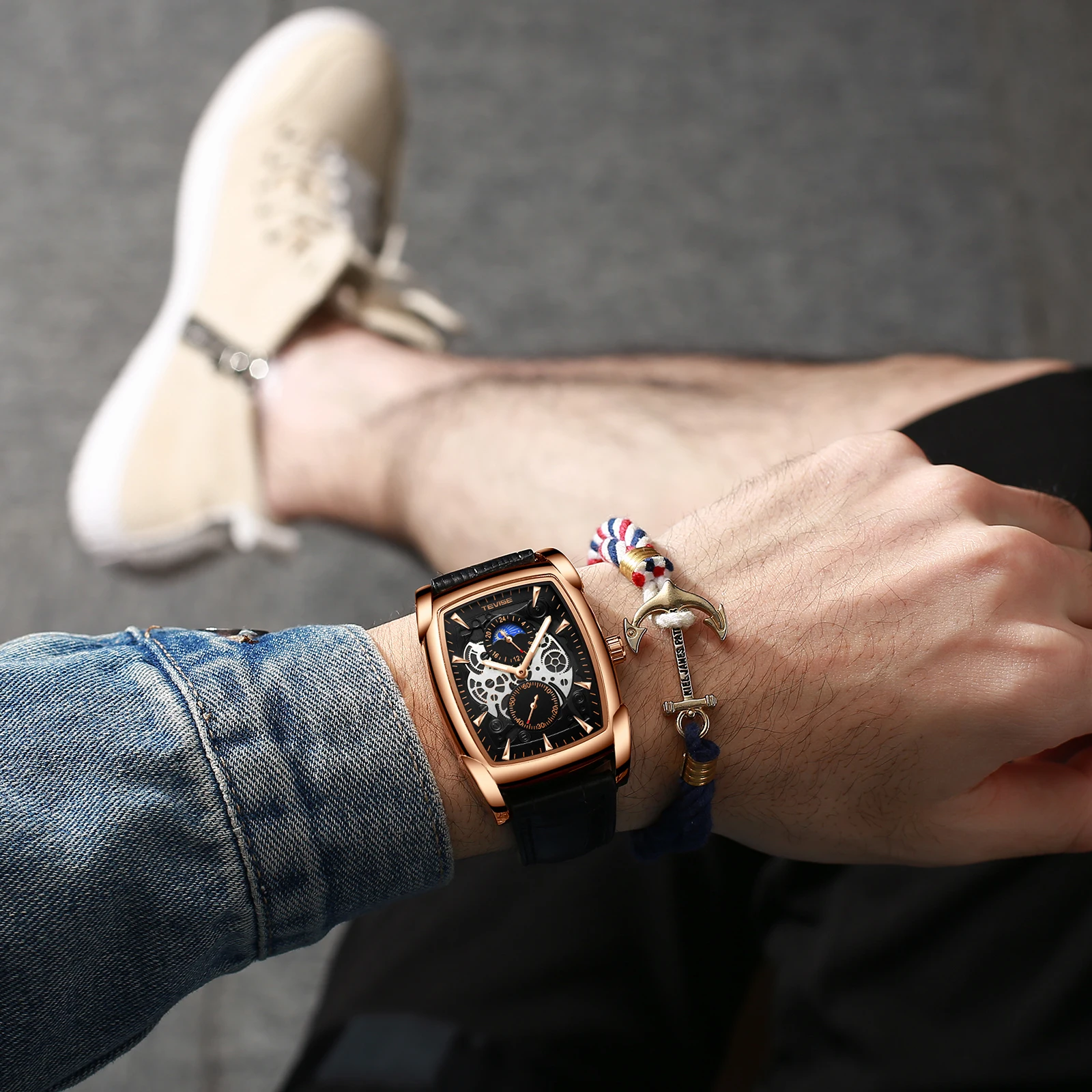 Модные мужские часы TEVISE брендовые Роскошные наручные с кожаным ремешком