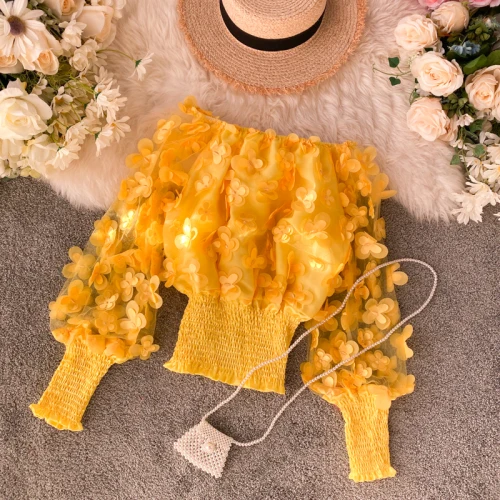 Милая шифоновая блузка с вырезом лодочкой и 3D цветами газовая рубашка