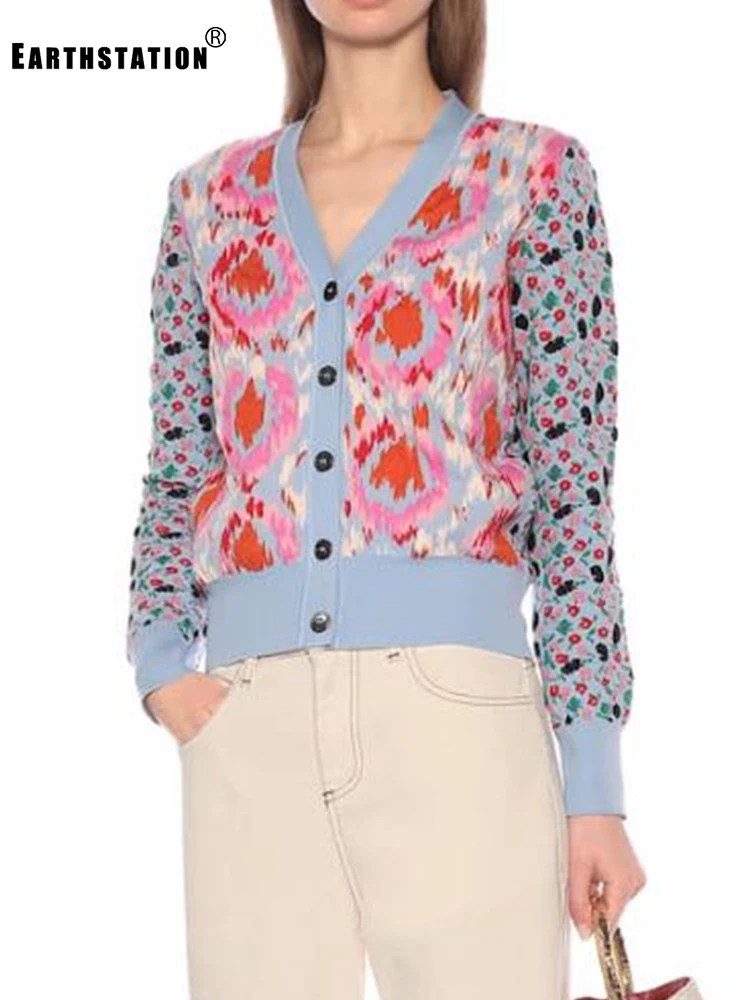 

Free shipping heavy craft contrast color jacquard knitted cardigan jacket ladies autumn new fashion personality wild top