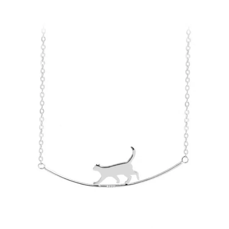 

New Fashion Cat Curved Simple Personality 925 Sterling Silver Jewelry Cute Animal Walking Cat Clavicle Chain Necklaces N090