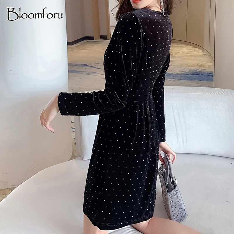

Bloomforu Fashion French Style Spring Autumn Women Casual Polka Dot Print A-Line Party Velvet Dresses Black Elegant Slim Dress