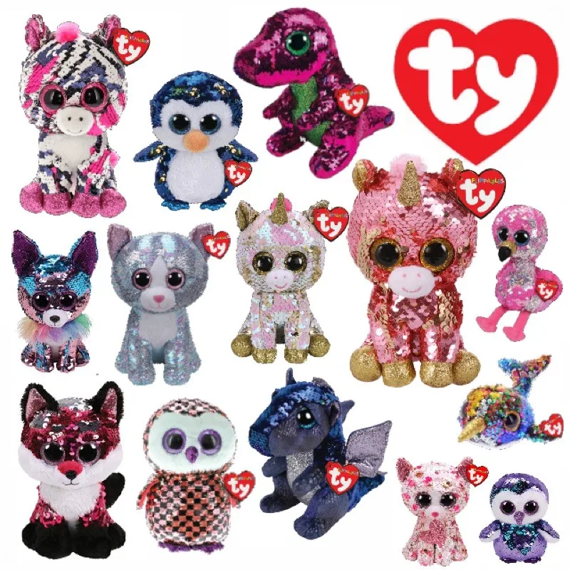 

15cm Ty Beanie Stuffed Plush Animals Doll sparkling Unicorn Giraffe Bat Pony Fox Big Eye Sequins Soft Toys Girl Birthday Gift