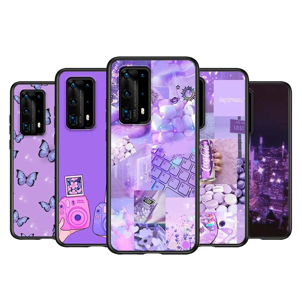 

Soft TPU Purple Flower Butterfly For Huawei P40 P30 P20 P50 Pro Plus P10 P9 P8 Lite 2019 2017 RU E Mini 5G Black Phone Case