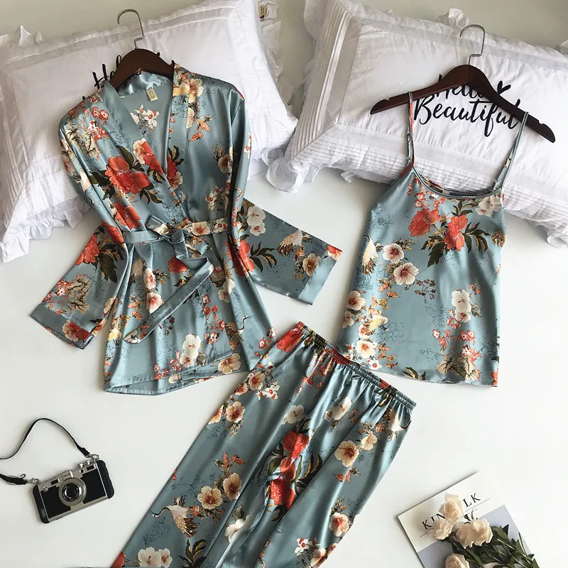 

SAPJON New 3 PCS Women Pajamas Sets with Pants Sexy Pyjama Satin Flower Print Nightwear Silk Negligee Sleepwear Pyjama