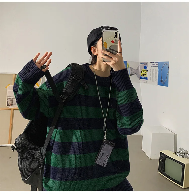 

Women Striped Sweater Autumn Casual O-neck Oversized Knitted Sweater Vintage Winter Warm Loose Unisex Female Pullover Tops