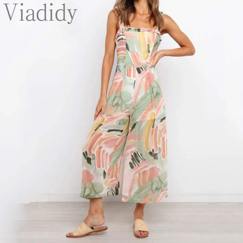 

Summer Women Loose Casual Spaghetti Strap Print Wide Leg Jumpsuit