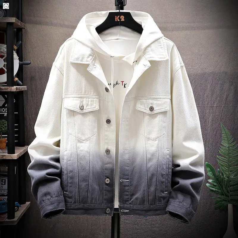 Мужская джинсовая куртка с градиентом отворотом двухцветная Свободная