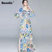 runway holiday floral long dress women lantern sleeve off shouler strapless blue and white porcelain printing split beach dress