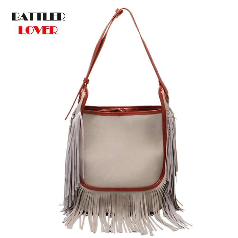

Fringe Tassels Bucket Crossbody Shoulder Bags For Women 2021 Suede Leather Brand Design Large Capacity Ladies Purses And Handbag