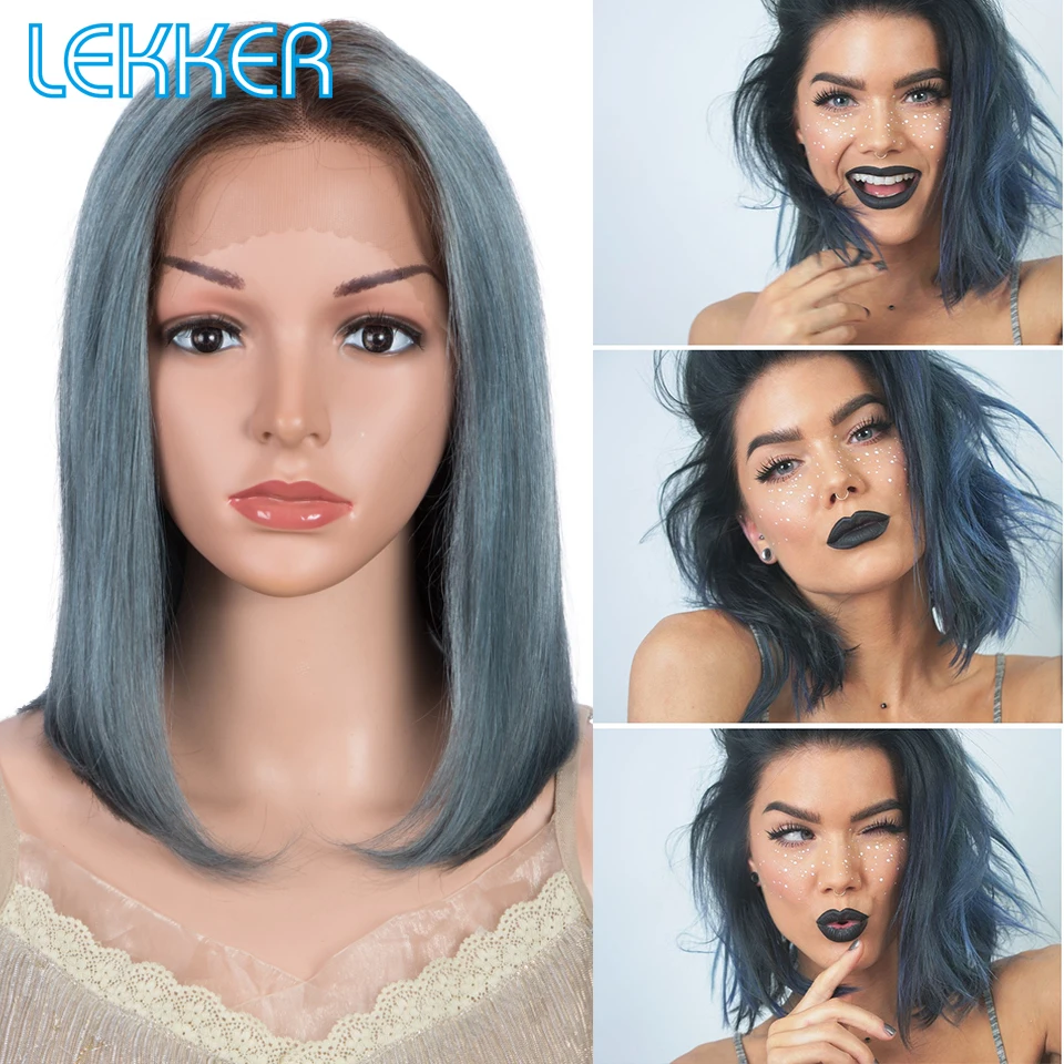 

Lekker Grey Blue Straight Bob 13x6x1 Lace Front Human Hair Wig For Women Brazilian Remy Hair Glueless Transparent Middle Part