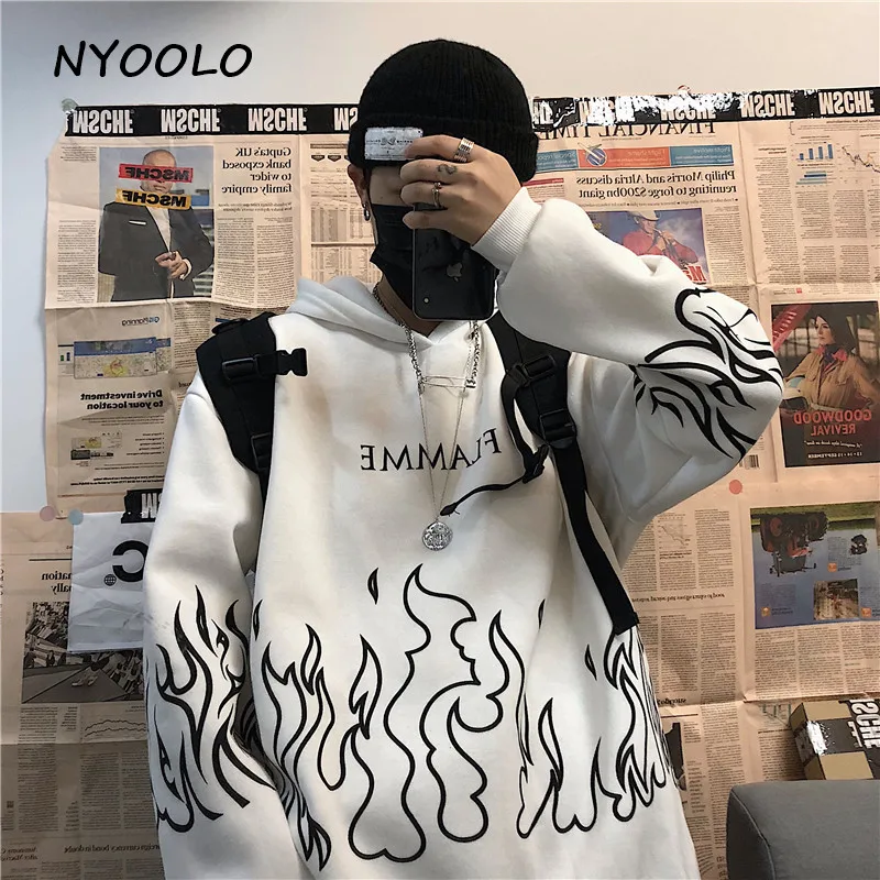 NYOOLO осень зима уличная пламя печати толстые теплые толстовки повседневные свободные с длинным рукавом с капюшоном Пуловеры Толстовка для женщин и мужчин