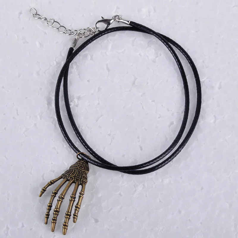 Vintage antique bronze Halloween skeleton hand pendant necklace men women wax cord rope metal jewelry alloy jewellery | Украшения и