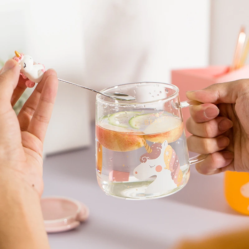 

Creative glass transparent with cover spoon mack children's water cup heat-resistant tea cup milk cup glass bottle