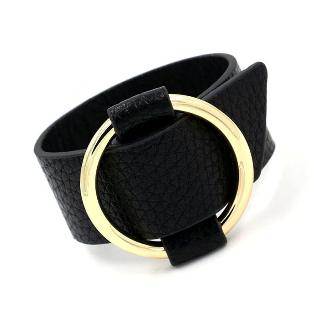 

Charm Wide Black Leather Bracelets Multicolor Metal golden Big Circle Wrap Bracelet Femme Wristband Jewelry