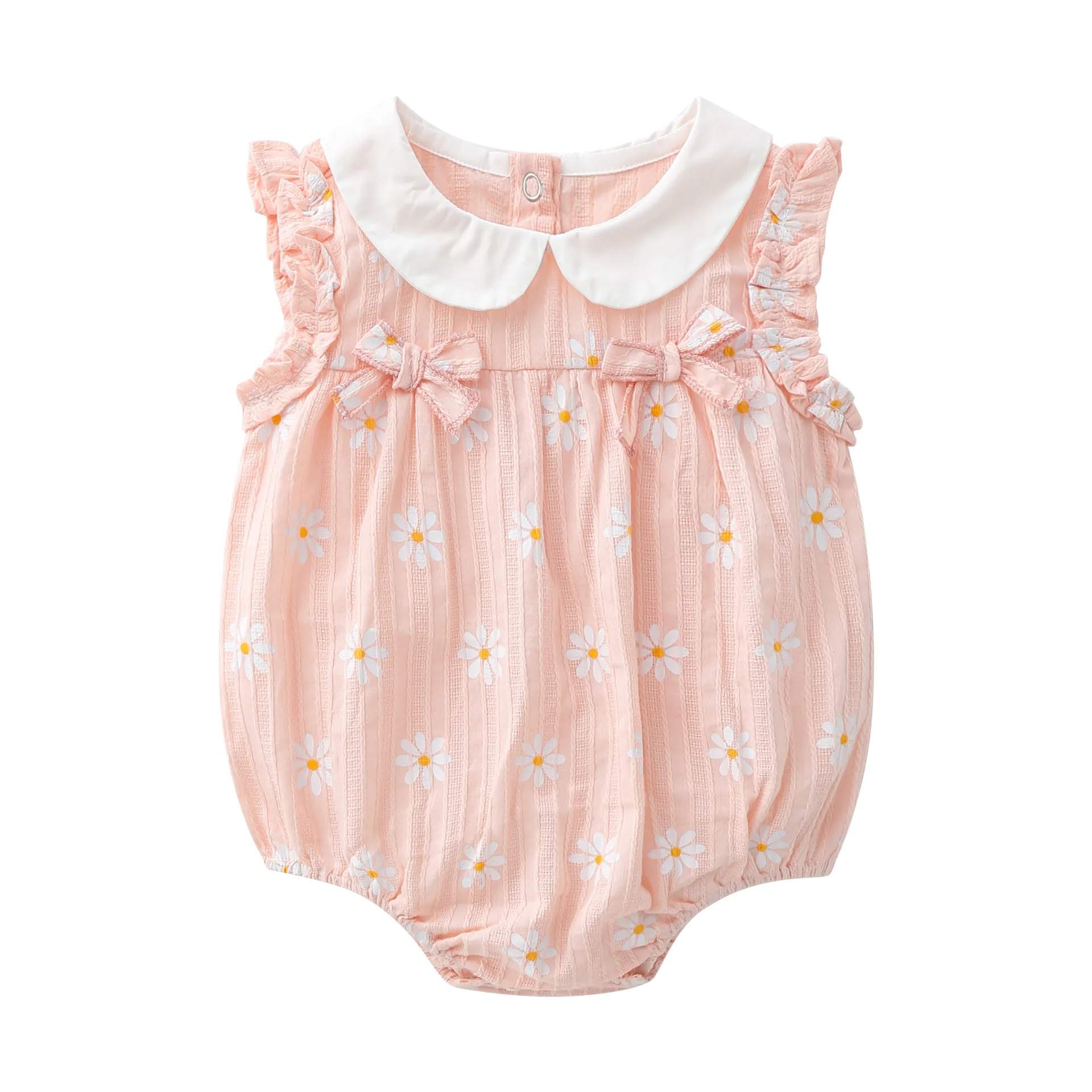 

New 2021 summer children's clothing baby jumpsuit climbing clothes pink stripe printing wrinkled chrysanthemum triangle romper
