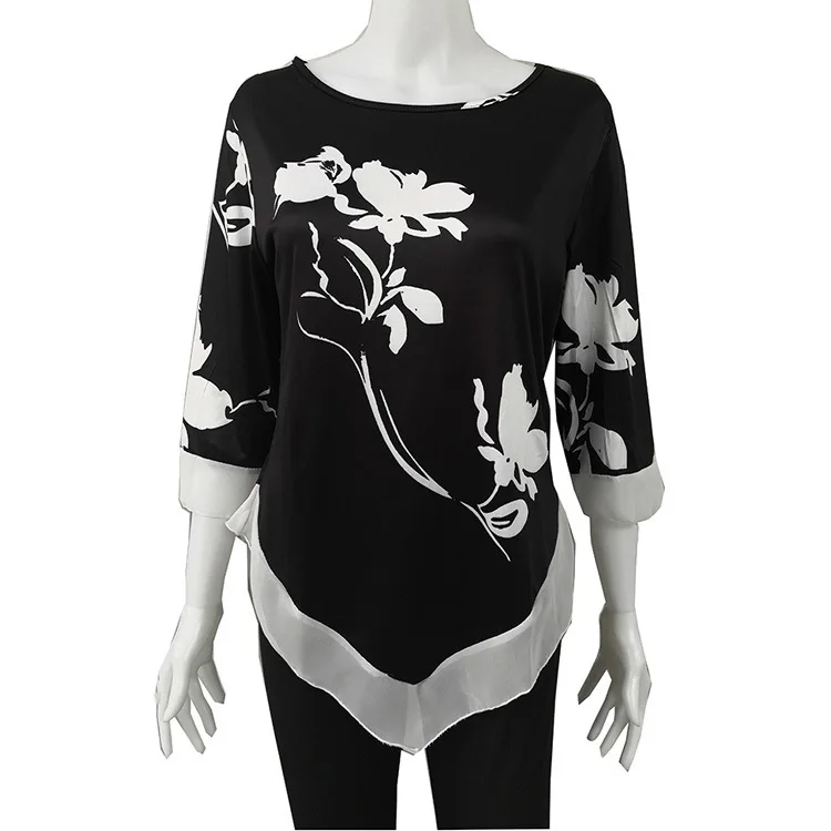 

Spring Women T Shirt Casual O-Neck Lace Patchwork Striped Geometric Irregular Tee Shirts Vintage Floral Print Tops Plus Size 5XL