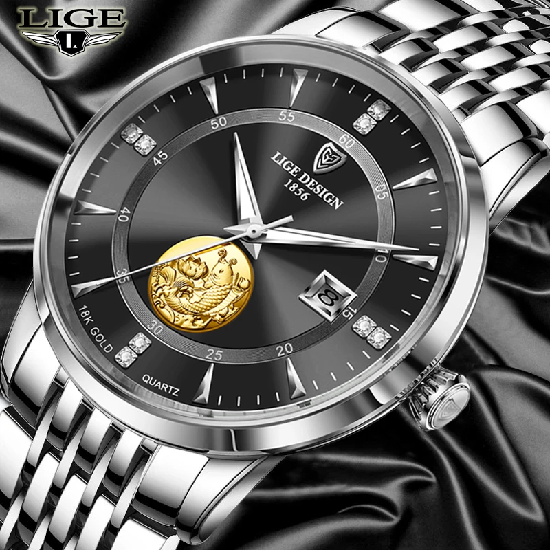 

LIGE Mens Watches Business 24 Hour Date Waterproof Watches Fashion Stainless Steel Quartz Gold Watch For Men Relogio Masculino