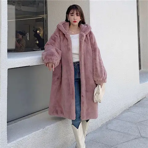 Women 2021 Autumn Winter Faux Rabbit Fur Coat Long Fake Fur Coats Female Loose Hooded Overcoat Thick Warm h Outwear X701