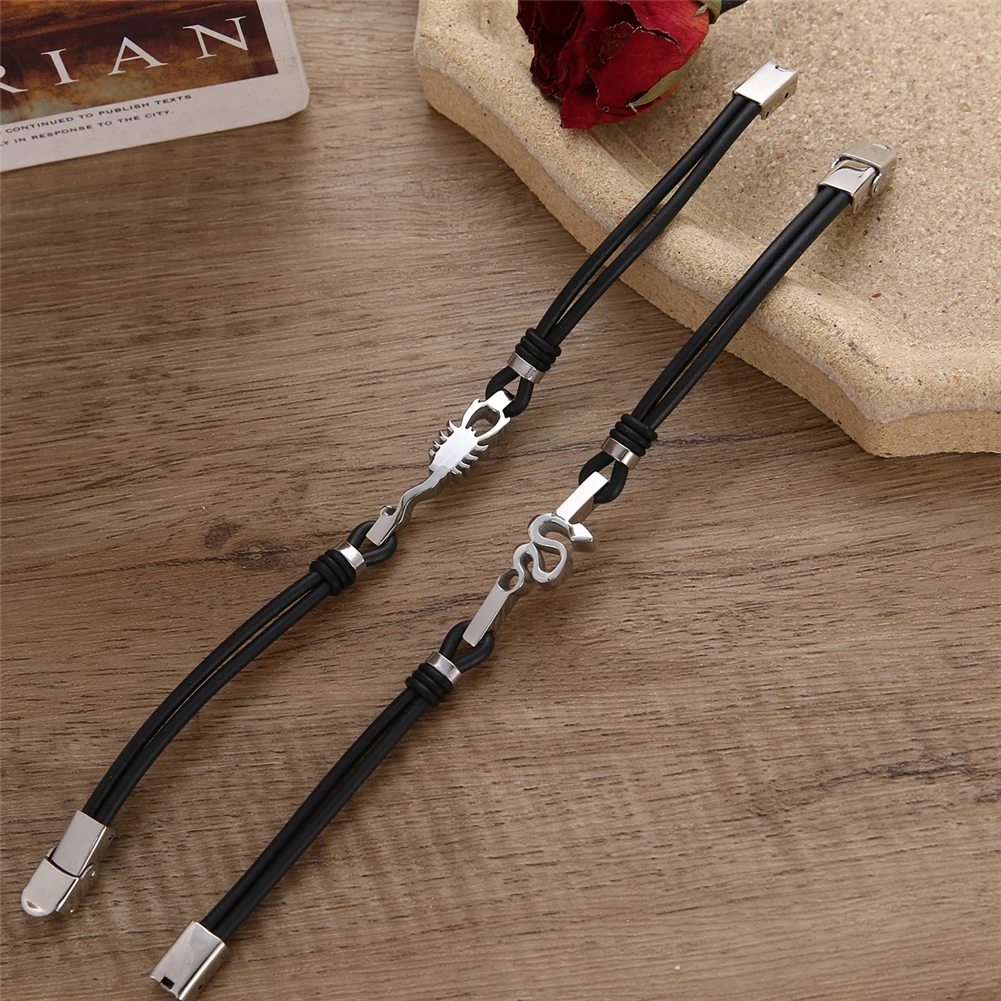 

2021 Fashion Jewelry Stainless Steel Scorpio Double Leather Bracelet Retro Titanium Steel Cuff Snake Bracelet Men's Pulseras
