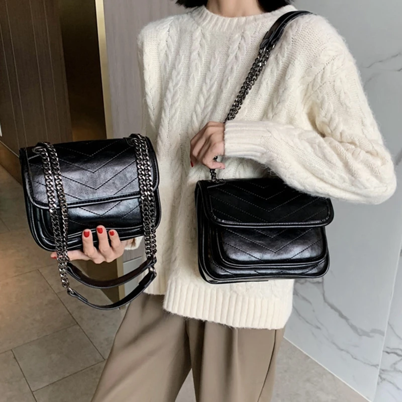 

YL 2021 High Quality Female Square Bag Vintage Fashion Oil Leather Women's Designer Handbag Chain Shoulder Messenger Bag Purses
